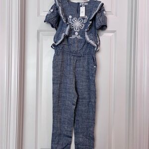 Tartine et Chocolat Linen Denim Jumpsuit with White Embroidery